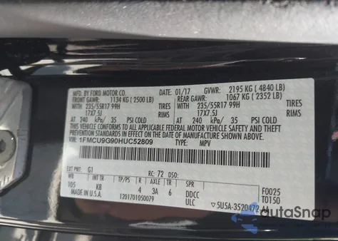 2017 Ford Escape Se z USA, uszkodzony, nr VIN 1FMCU9G90HUC52809